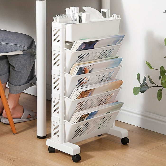 1pc Five-Level Bookshelf Shelf, Movable Desk Side Bookshelf, Floor Desk Small Cart, Book Storage Shelf, Office Study Supplies Storage Rack, Pen Holder, Lesson Book, Document Storage, Office Supplies