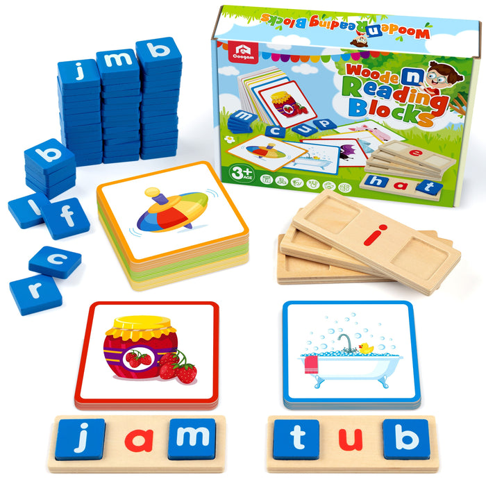 Coogam Wooden Short Vowel Reading Alphabet Sorting Spelling Game, Website CVC Word Learning Flashcards Alphabet Puzzle Youngsters's Educational Toy Gift 3-4-5 Years Old