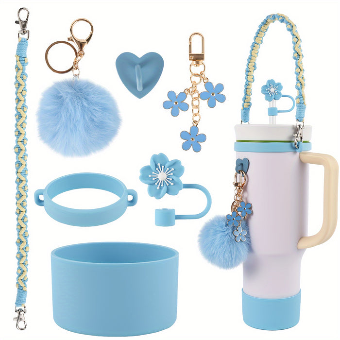 Handwoven Carrying Strap for Water Bottles, Sports Cup Handle, Silicone Bottom Protective Sleeve, Straw Lid Accessories for Cups.