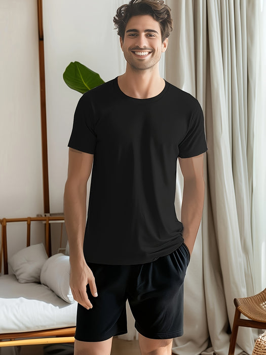 Men's Home Wear Solid Color T-shirt 4pcs Set