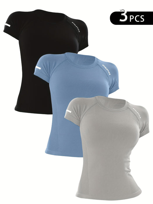 3pcs Women's Athletic T-Shirts - High Stretch, Breathable Nylon Short Sleeve Yoga & Fitness Tops with Letter Design in Black, Gray, and Teal