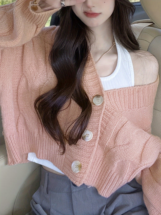Women's Casual V-Neck Cardigan - Loose Fit, Long Sleeve, Button-Up Knit Sweater in Light Pink, Stretchy Polyester Blend, Perfect for Spring/Fall, Casual Wear|Buttonup Knitwear|Stylish Texture