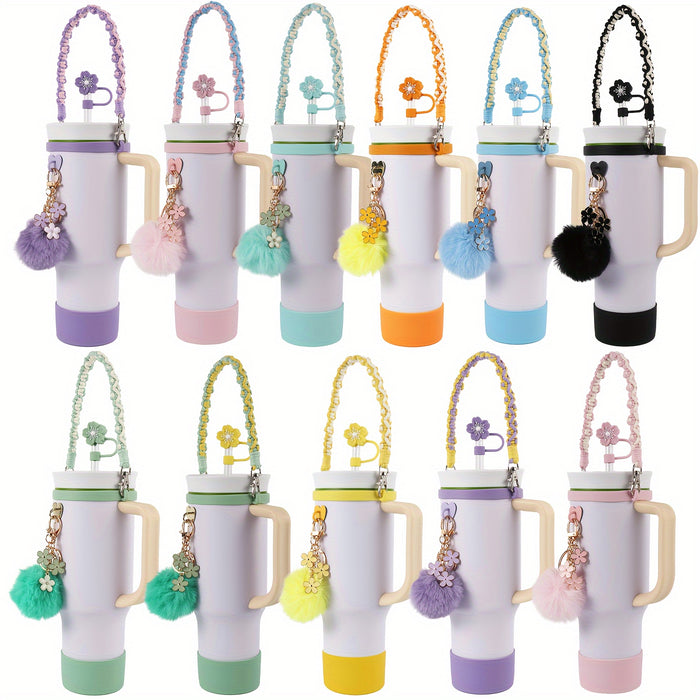 Handwoven Carrying Strap for Water Bottles, Sports Cup Handle, Silicone Bottom Protective Sleeve, Straw Lid Accessories for Cups.