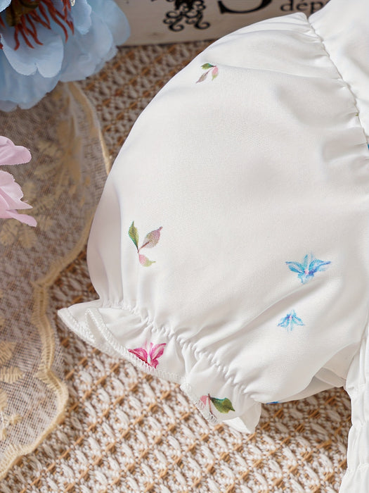 Elegant Floral Print Romper for Youngsters - Casual Retro Style with Puff Sleeves, Polyester, Non-Stretch Fabric, Square Neckline, Spring/Summer Wear, Romper for Girls, for Outdoor