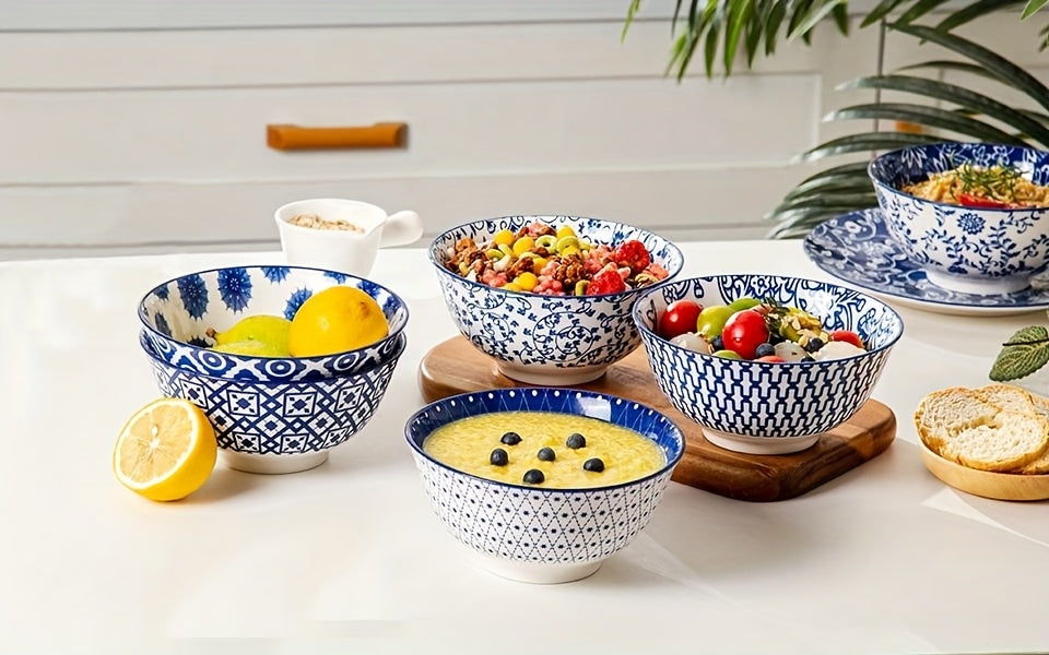 6pcs, Cerkik Ceramic Soup Bowls Set, 12oz/24oz, Porcelain Deep Cereal Bowl, Large Kitchen Dinner Bowl for Eating Salad, Dessert, Pasta, Noodle, Rice, Oatmeal, Microwave Dishwasher Oven Safe, Valentine's Day, Weddings, Vintage