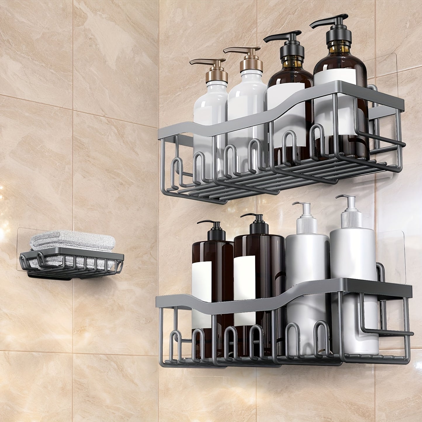 Adhesive Shower Caddy, 5 Pack Rustproof Stainless Steel Bath Organizers With Large Capacity, No Drilling Shelves For Bathroom Storage & Home Decor