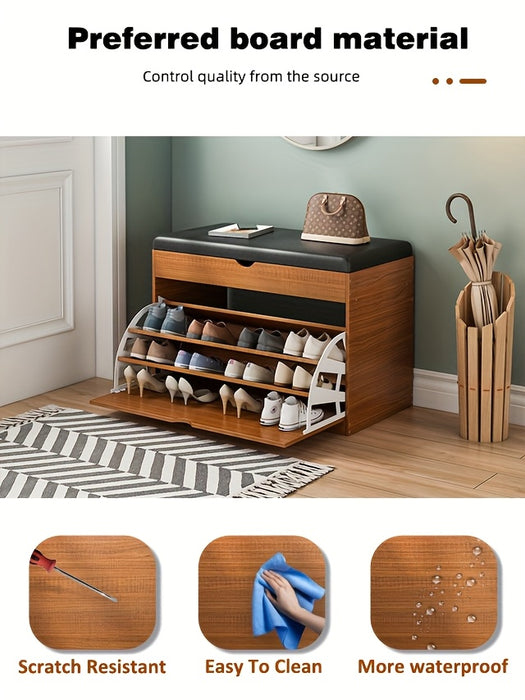 Pine Wood Shoe Bench with Cushioned Seat, Three-Tier Footwear Rack, and Storage Cabinet - Ideal for Bedroom or Entryway, Multi-Compartment Design, No Assembly Required, Shoes Organizer Storage