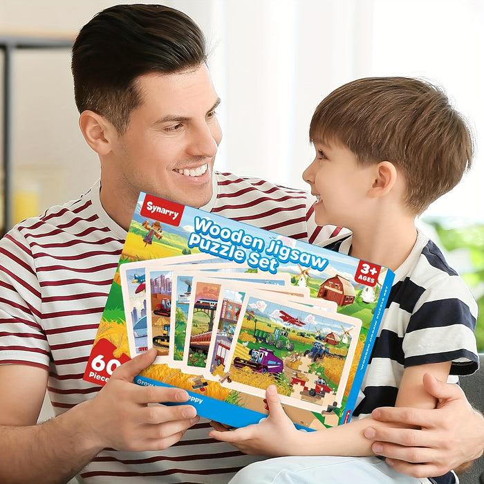 SYNARRY Wooden Car Puzzles For Children, 6 Packs Of 60 Pieces Puzzle Preschool Education Toy Gift For Boys And Girls