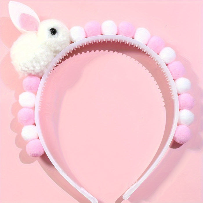 1pc Adorable Fluffy Rabbit Headband for Girls, Pink Polyester Bunny Hair Hoop with Pom Pom, Non-Woven Fabric, Sweet Hair Accessory for Easter Party