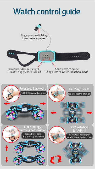 Rc Stunt Car Dual Remote Control Watch Gesture Sensor Drift 2.4GHz 4wd Rotation Deformation Electric Toy for Kids Boys Christmas