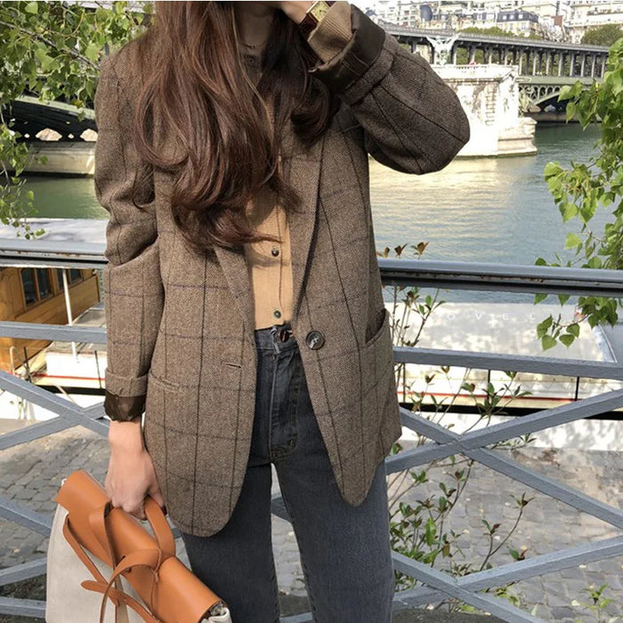 Plaid Blazer Women Jacket Korean Style Slim Long Sleeve