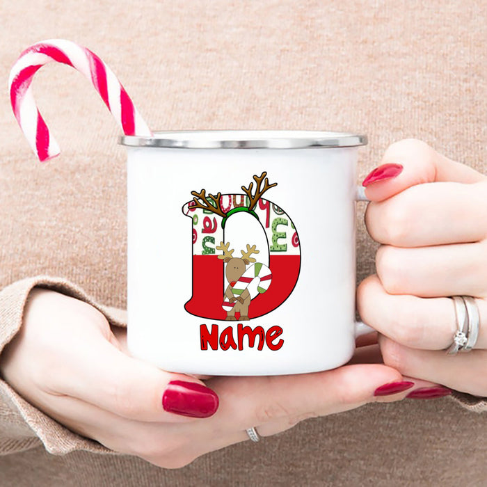 Personlized Reindeer Initial with Name Enamel Cups Christmas Hot Chocolate Mug