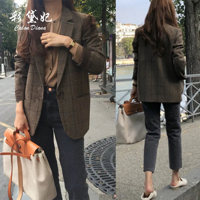 Plaid Blazer Women Jacket Korean Style Slim Long Sleeve