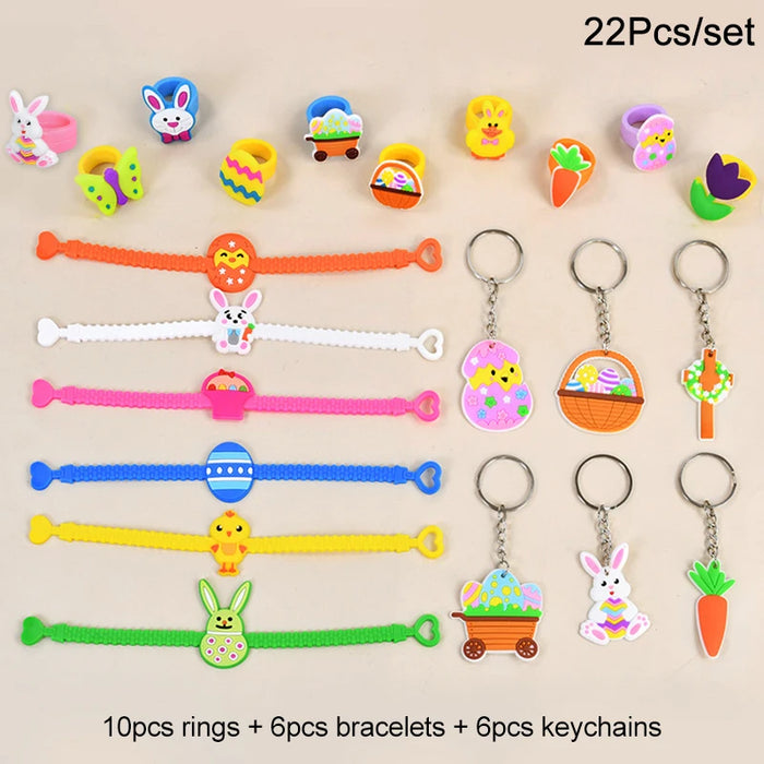 Easter Kids Gift Rabbit Eggs Bracelets Silicone Ring Keychains Happy Easter Birthday Party Favors Goodie Bag Basket Filler Toys