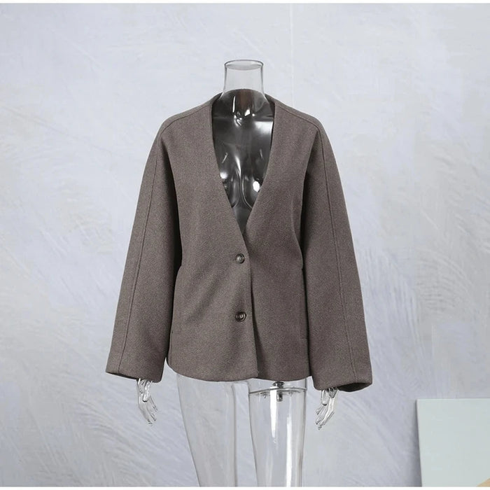 Women's Fashion V Neck Warm Coat Elegant Button Long Sleeve