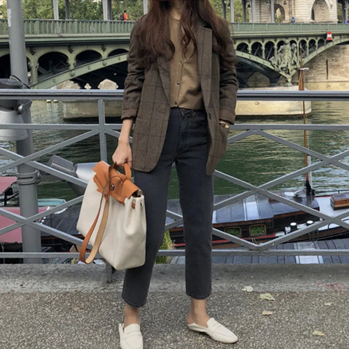 Plaid Blazer Women Jacket Korean Style Slim Long Sleeve