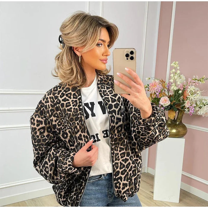 Fashion Leopard Zipper Long Sleeved Women's Jacket Retro Round Neck