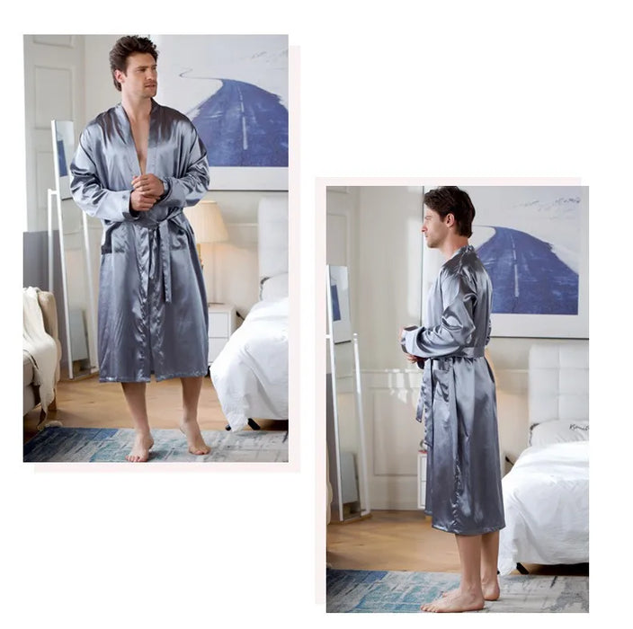 Summer New Men's Ice Silk Bathrobe Robe Men's Pop-Up Section of the Long Section of Cardigan Robe Pajamas Pajamas Home Clothing