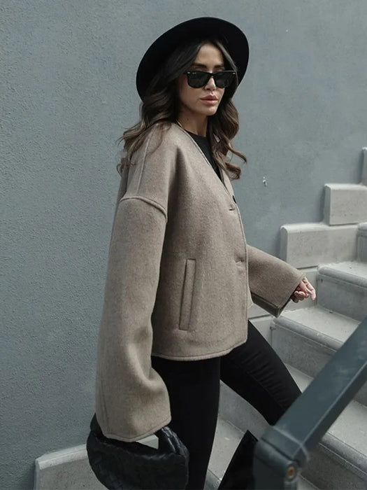 Women's Fashion V Neck Warm Coat Elegant Button Long Sleeve