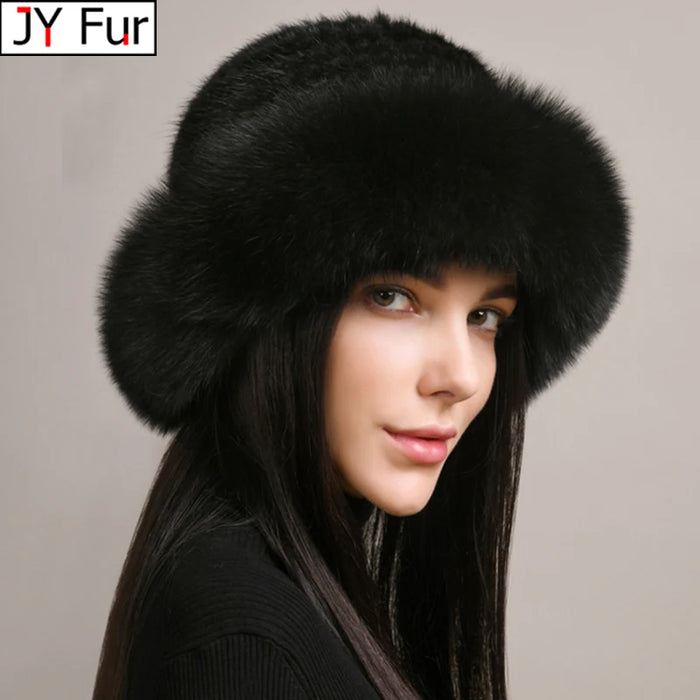 New Women Winter Luxury Knitted Real Mink Fur Bomber Hat Natural Warm Fox Fur Cap Girls Quality Soft 100% Genuine Mink Fur Hats