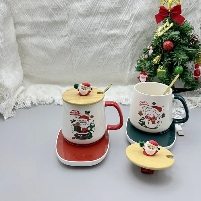 Christmas Gift Set: Warm 55℃ Ceramic Mug with Lid featuring Santa Claus for Office or Home Use