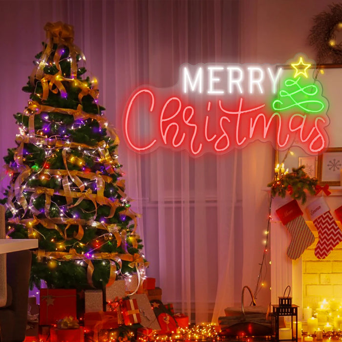 Merry Christmas Neon Sign Christmas Hat Dimmable LED Sign