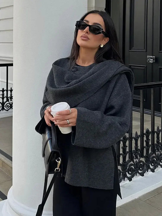 Autumn Gray Knitted Cape Coat with Scarf Women Long Sleeve Loose Cardigan