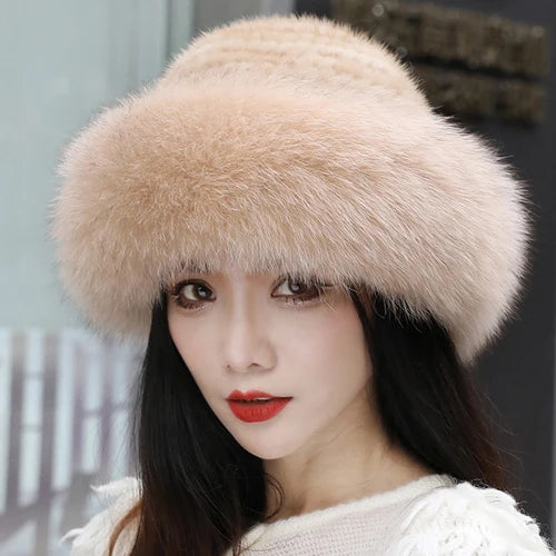 New Women Winter Luxury Knitted Real Mink Fur Bomber Hat Natural Warm Fox Fur Cap Girls Quality Soft 100% Genuine Mink Fur Hats