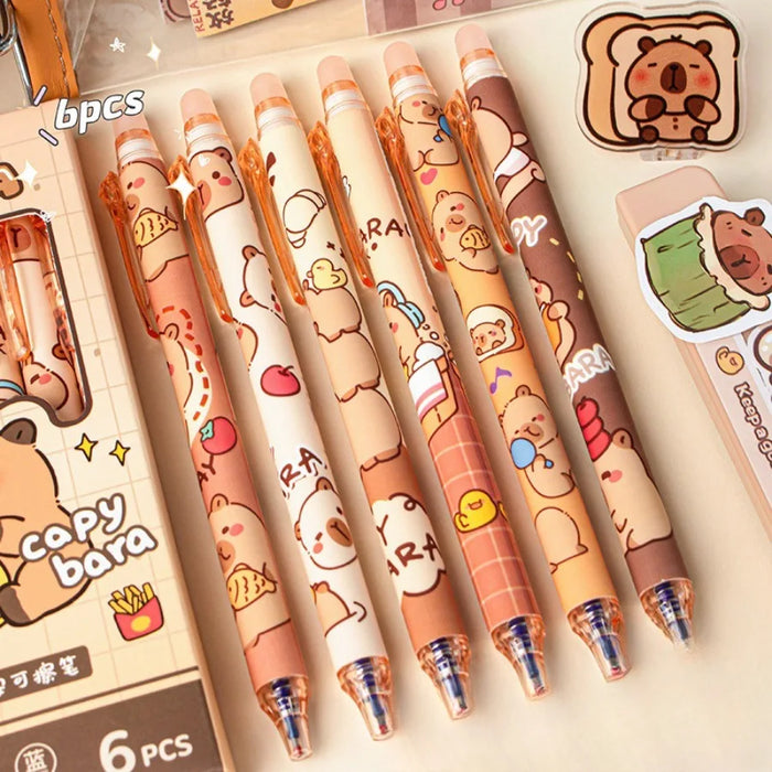 6Pcs/Box Kawaii Cartoon Panda Capybara Blue Ink Erasable Gel Pen Side Press ST Crystal Blue Pens School Office Writing Supplies