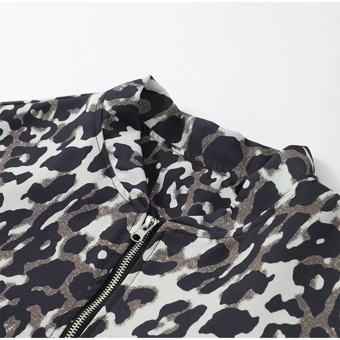 Fashion Leopard Zipper Long Sleeved Women's Jacket Retro Round Neck
