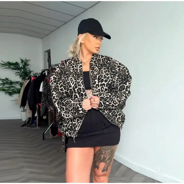 Fashion Leopard Zipper Long Sleeved Women's Jacket Retro Round Neck