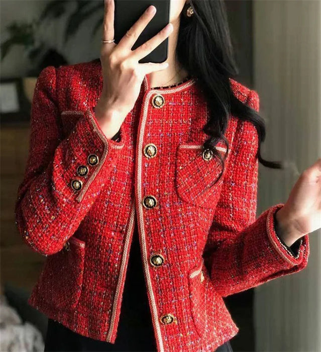 Vintage Red Tweed Coat French Vintage Loose and Versatile