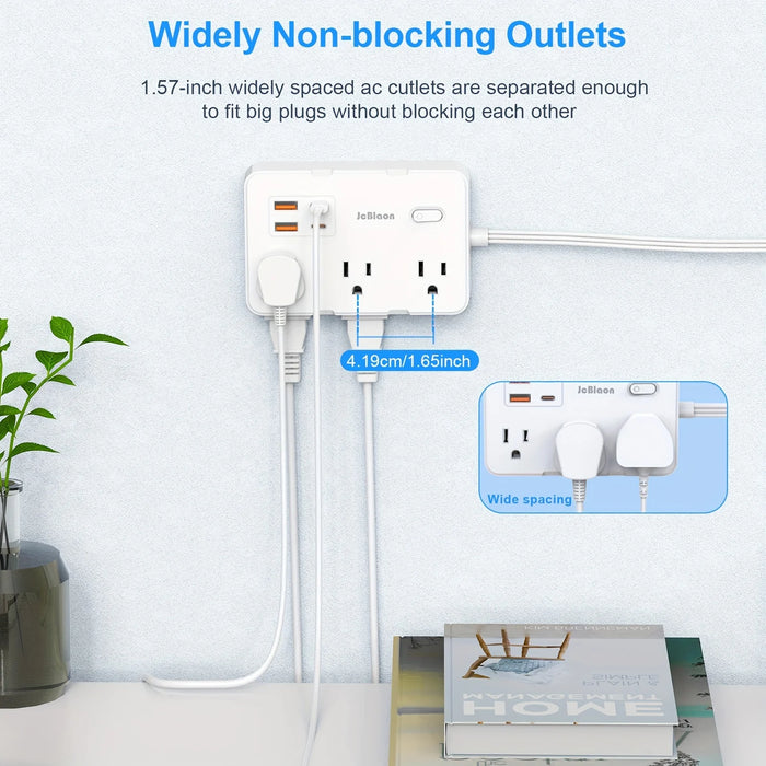 Ultra Thin Flat Plug Extension Cord with 4 USB Ports(2 USB C), 5ft Surge Protector Power Strip, 6 Widely Outlets Extender