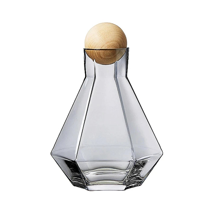 Nordic Diamond Shape Glass Water Kettle with Natural Wood Ball Lid Clear Cold Water Jug Juice Beverage Pitcher Home Drinkware