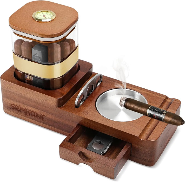 Cigar Humidor Cigar Ashtray Set Wooden Jar With Hygrometer Humidifier Cigar Gifts for Men