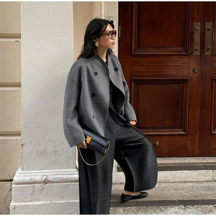 Retro Loose Casual Woolen Coats Double Breasted Stand Collar Short Jacket