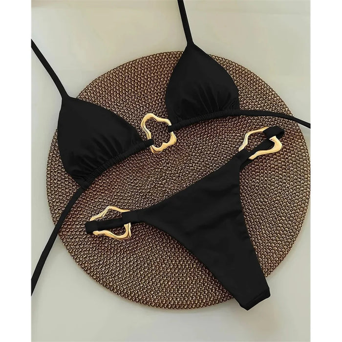 S - XL New 7 Colors Halter Metal Ring Bikini Female Swimsuit Women Swimwear Two-pieces Bikini set Bather Bathing Suit Swim V6406
