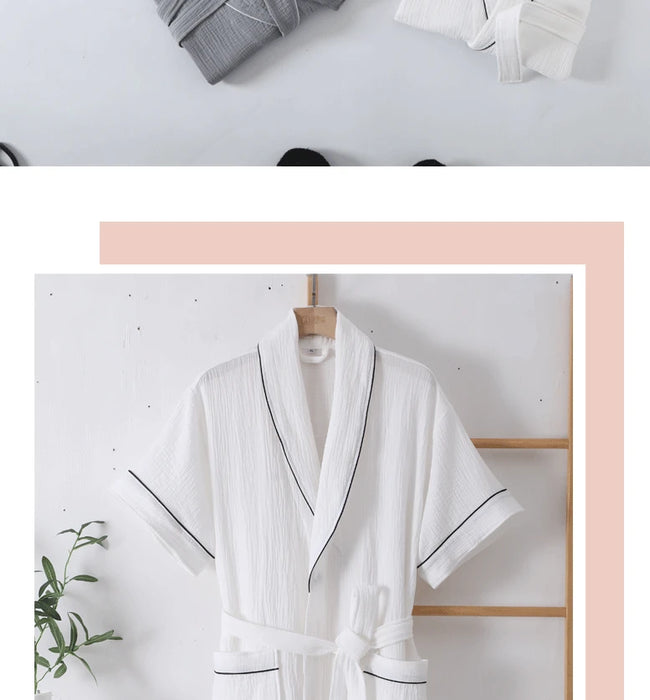 100% Cotton Double Layer Gauze Robes Women&Men Summer Thin Short Sleeves Bathrobe Nightgown Home Service Solid Hotel Bathrobe