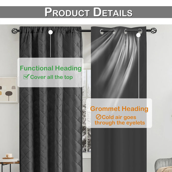 Quilted Blackout Curtains Heavy Duty Noise Reducing Thermal Insulated Drapes Liner Anti-cold Rod Pocket for Living Room Bedroom