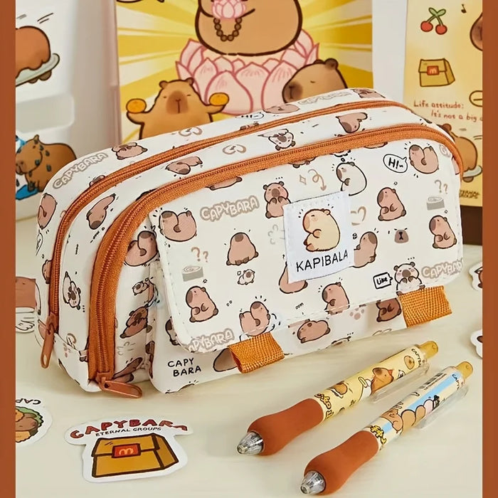 1pc Capybara Pencil Case - Large Capacity Cute Animal Print Makeup & Stationery Organizer with Zipper Closure, Fabric Pen Bag