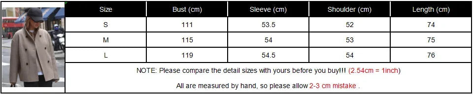 Retro Loose Casual Woolen Coats Double Breasted Stand Collar Short Jacket