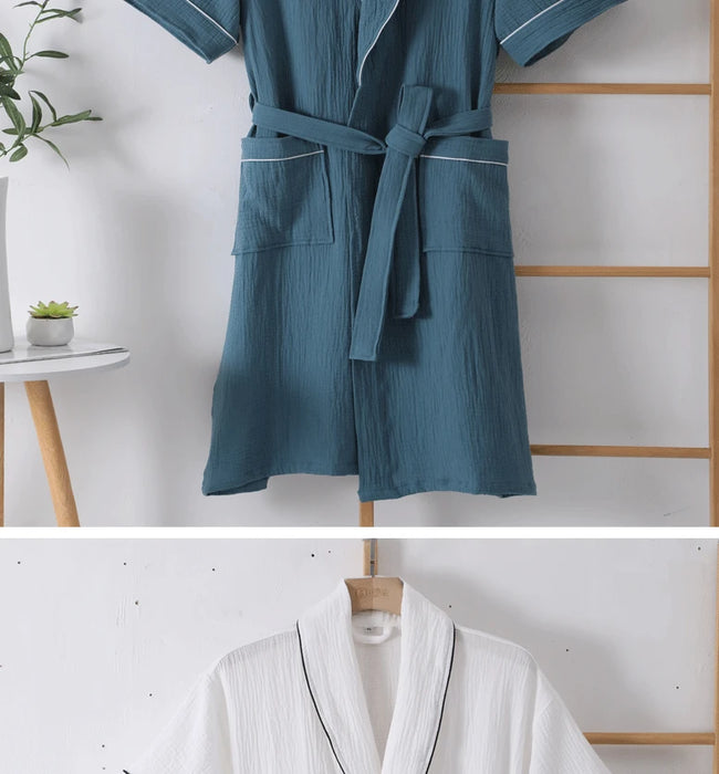 100% Cotton Double Layer Gauze Robes Women&Men Summer Thin Short Sleeves Bathrobe Nightgown Home Service Solid Hotel Bathrobe