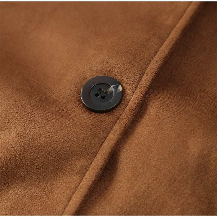 Retro Caramel Suede Leather Blazer Lapel Casual Single Breasted Loose Pocket