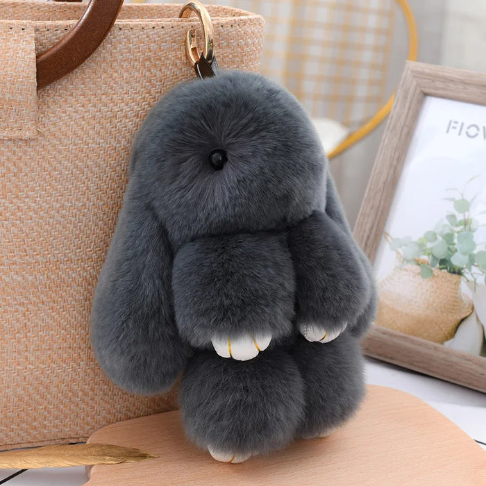 Fluffy Cute Bunny 18CM Real Fur Keychain Rex Rabbit Pom Pom Gift Toy Doll Women Bag Pendant Charm Car Key Keyring Metal ring
