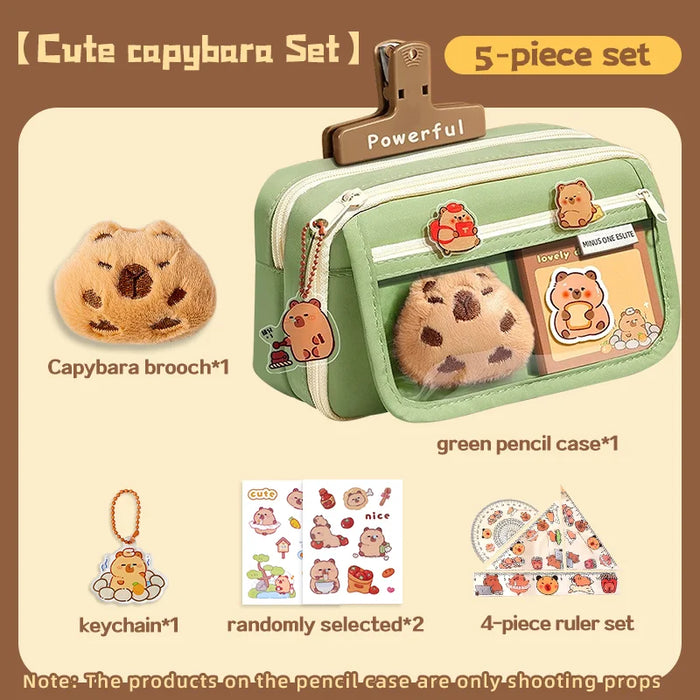 Cute capybara 8-Piece Pencil Box Set, Large Capacity Multi Layer, Canvas Bag, Stationery Storage Box, Suitable for Daily Storage