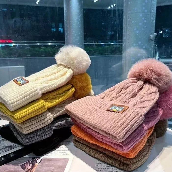 Autumn and Winter Women's Pompom Knitted Hat Women Solid Color Thicken Plush Beanie Cap Female Autumn Warm Crochet Hats