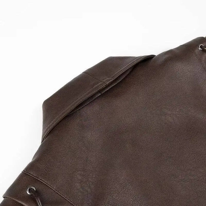 Fashion Lapel Lace Up Pu Leather Jacket Long Sleeve