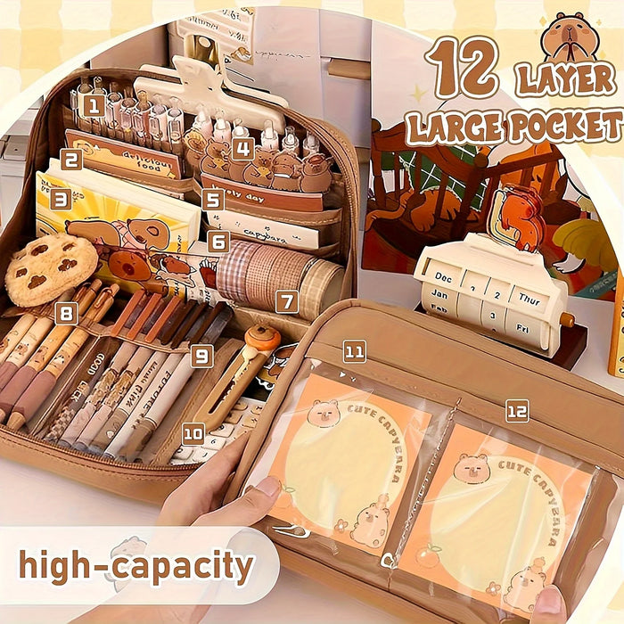 31pcs Capybara Stationery Set, Cute Capybara Pencil Case, Multi-Layer School Pencil Box with Stickers, Keychain, Brooch