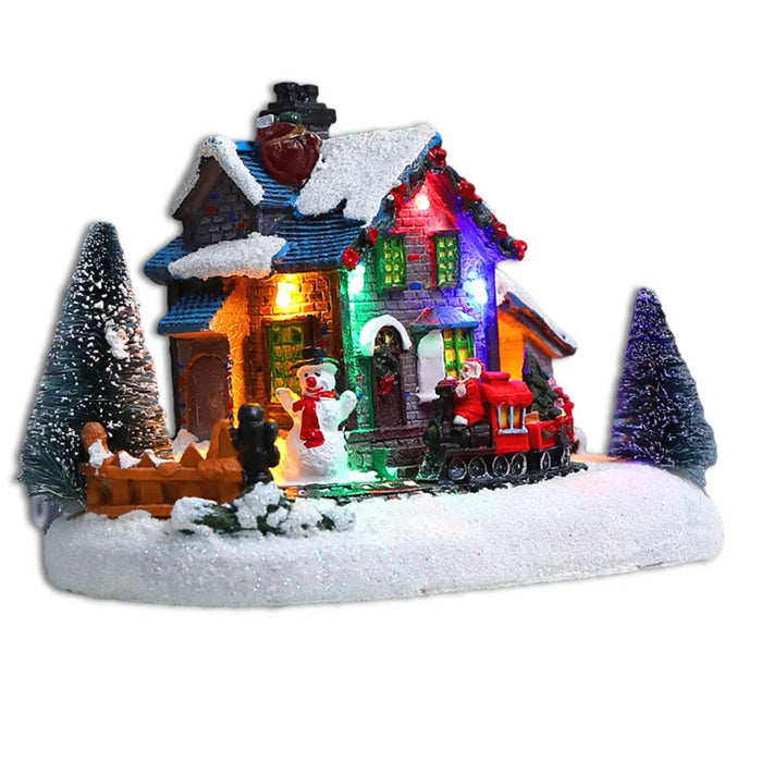Small Train Christmas Village Figurines LED Lights Luminous Landscape Figurines
