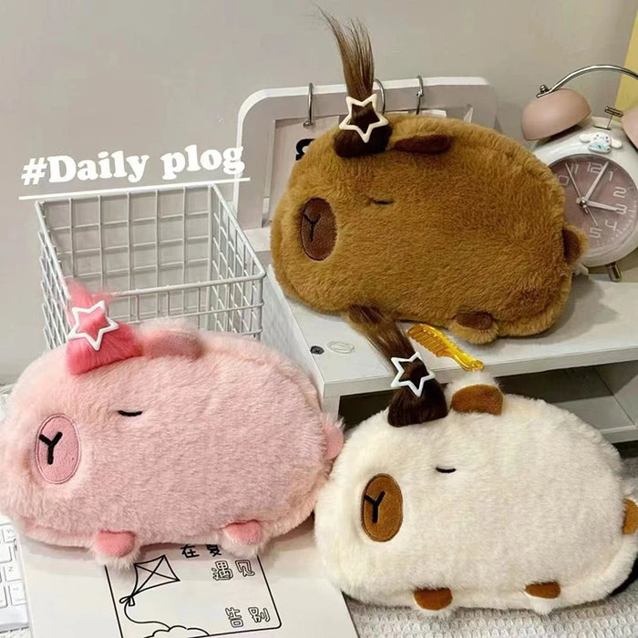 Large Capacity Pen Bag Cartoon Pencil Bag Student Capybara Plush Stationery Storage Bag Learning Stationery Supplies
